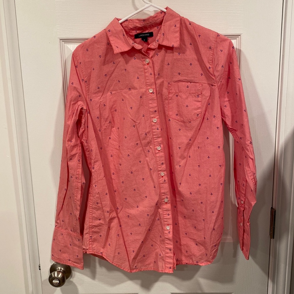 Red print button down